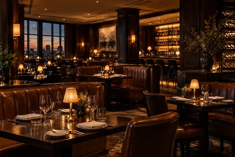 A warmly lit steakhouse with leather booths and candlelit tables