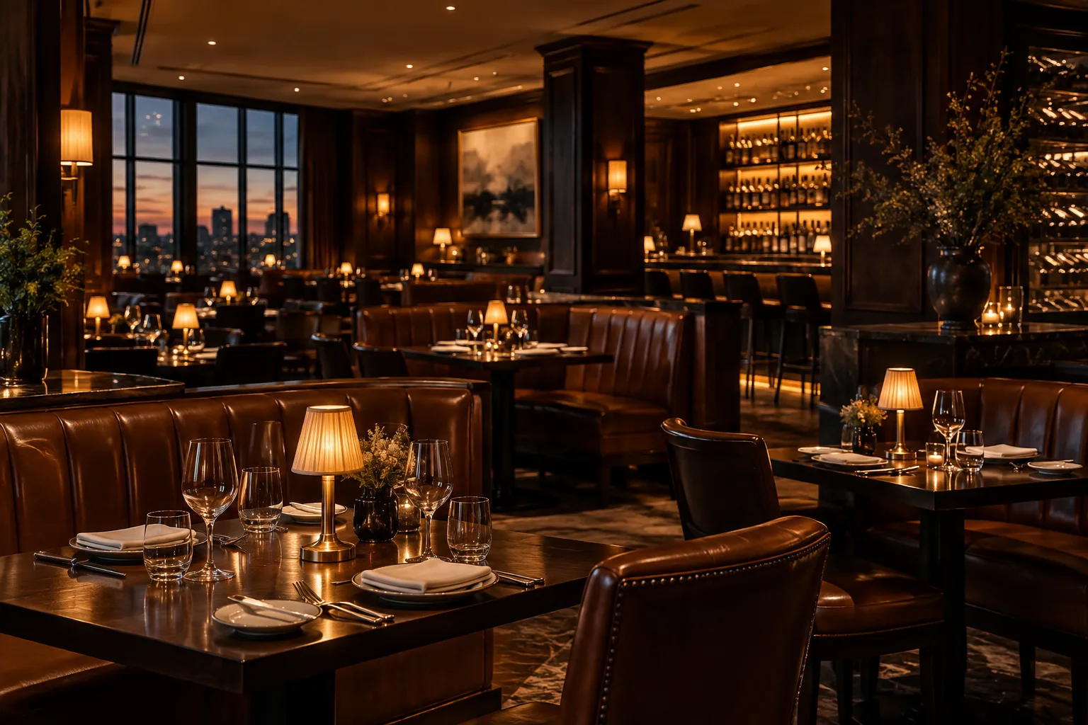 A warmly lit steakhouse with leather booths and candlelit tables